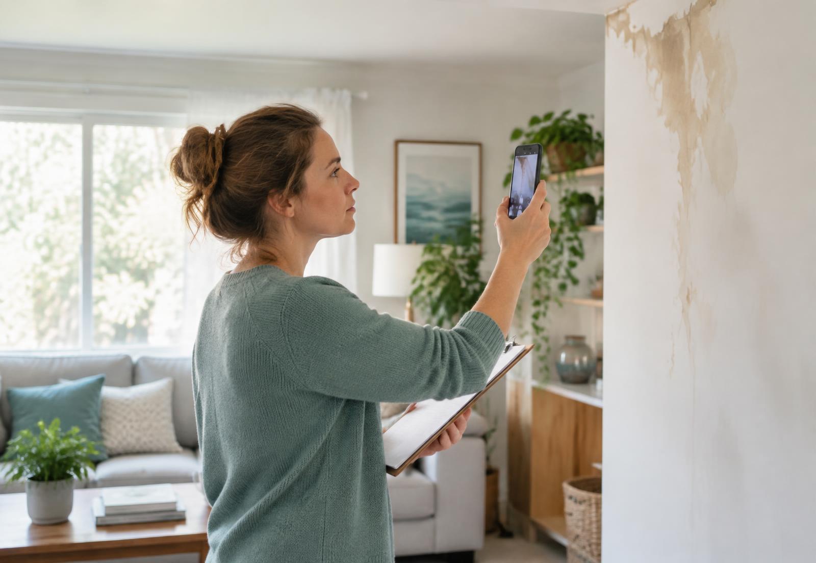 Homeowner photographing a water-stained wall to document damage